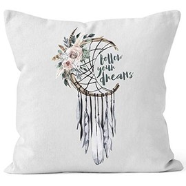 Autiga Cushion Cover Dream Catcher Follow Your Dreams Saying Flowers Feathers Saying Boho Cushion Cover Decorative Cushion White One Size