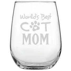 Laser Etchpressions World's Best Cat Mom Stemless Engraved Wine Glass • Present for Mom • Birthday • Mother's Day • Sister • Aunt • Cat Lover Gift
