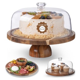 Kanwone Kanwone Acacia Wood Cake Stand with Acrylic Lid (Not Glass) - 12in Cake Plate, 2-in-1 Multi-Functional Dessert Table Display Set, Charcuterie Board for Cheese, Chips & Dips, Nachos, Cake Holder with Dome, Detachable Design