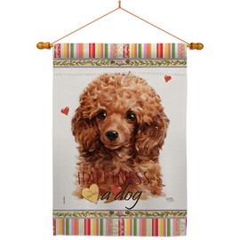 Miniature Poodle Happiness House Flag Dowel Set Animals Dog Puppy Spoiled Paw Canine Fur Pet Nature Farm Animal Creature Small Decorative Gift Yard Banner Double-Sided Made In USA 28 X 40