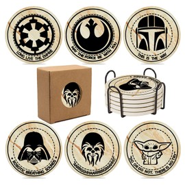 Star War Coasters for Drinks,6 PCS Funny Coasters Set with Coaster Holder,Stone&Cork Coasters for Coffee Table,Cute Coasters for Home Decor, Merchandise Show Gifts