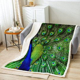 Peacock Sherpa Blanket Green Cute Animal Fleece Throw Blanket for Kids Boys Girls Peacock Feather Fuzzy Blanket for Sofa Bed Couch Luxury Cute Animals Decor King 87"*94"