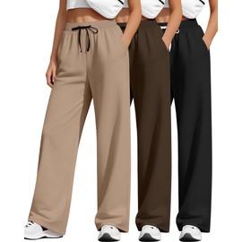 Neer 3 Pack Women's Wide Leg Sweatpants Drawstring Straight Leg Yoga Lounge Pants Baggy Loose Workout Open Bottom Pants(Black, Brown, Khaki,Large)