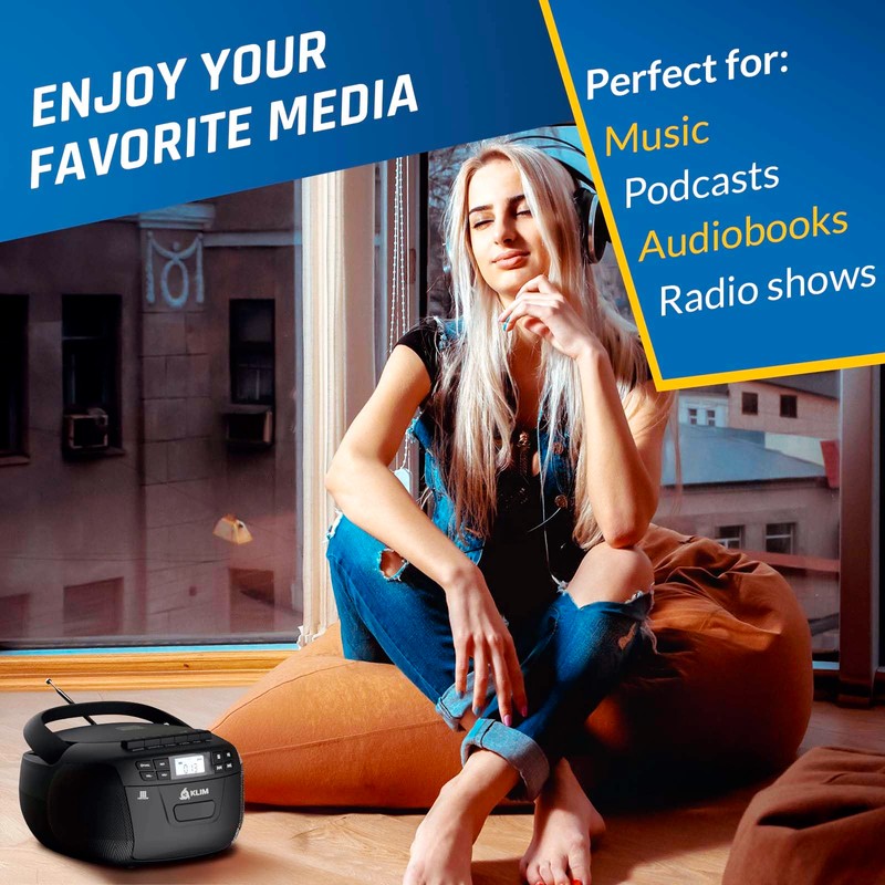 KLIM CD + Cassette Tape Player, Bluetooth CD Boombox, AM/FM