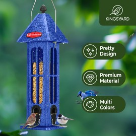 Kingsyard Rainproof Bird Feeder for Outdoor Hanging, Recycled Plastic Wild Bird Feeder with 4 Metal Ports, 3 lbs Large Capacity, Garden Yard Decorations for Bluebird Finches, Blue