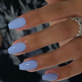 Sky Blue Press on Nails Medium Coffin Fake Nails Press ons, KXAMELIE Full Cover False Nails Tips Medium Length Glue on Nails Natural Thick Long Acrylic Nails 24Pcs Solid Color Coffin Nails for Women