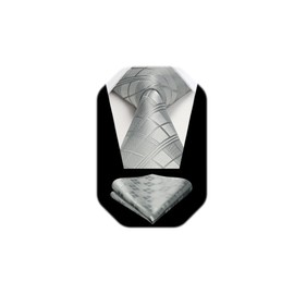 HISDERN Grey Ties for Men Silver Plaid Mens Ties with Pocket Square Set Formal Mens Satin Checkered Gray Silk Neckties Handkerchiefs Business Wedding