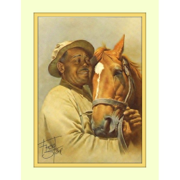 Classic Man O'War and Will Harbut his beloved Groom Famous Equine Artist Fred Stone Cream Gold Double Matted Fine Art Print with 8x10 Image