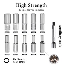 Egofine 12PCS 1/2" Drive Deep Socket Set,Metric(8-24MM),6-Point, Cr-V Steel