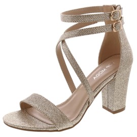 Over the Toe Strap Ankle Wrap Strap Heel Open Toe Block Heel Criss Cross Low, Champagne, 5.5