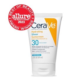 CeraVe Hydrating Sheer Sunscreen SPF 30 for Face and Body | Mineral Sunscreen & Chemical Sunscreen with Zinc Oxide, Hyaluronic Acid, Niacinamides and 