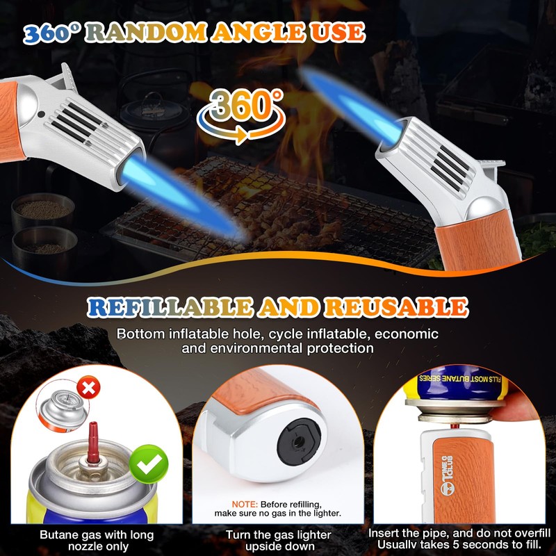 Butane Torch Lighter， Refillable Butane Torch with Safety Lock， Adjustable