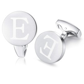 Honey Bear Initial Alphabet Letter Cufflinks for Mens - Round for Wedding Business Gift,Brushed Silver (E)