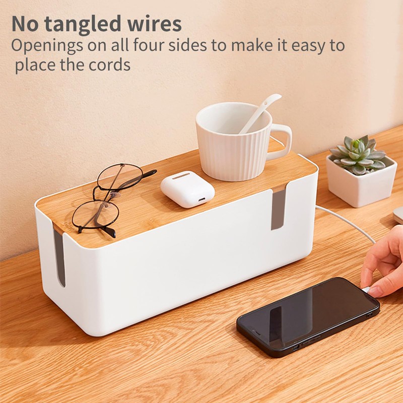 JJQHYC Cable Tidy Box White Cable Box with Bamboo Lid