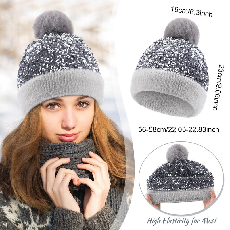 Mumucove 4 Pcs Winter Beanie with Pom Pom Women Sequin