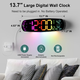 ANALOI Digital Wall Clock, 13.7 Inch Large LED Display with Temperature and Date, Remote Control, Auto Dimming RGB Night Light, Alarm, Timer and DST