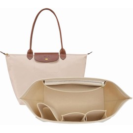 Bag Insert Organizer for Longchamp, Beige Purse Insert Organizer with Zipper, Multi Pocket Felt Handbag Wallet Organizers, Folding Tote Bag Organize (M)