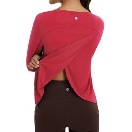baleaf Women's Long Sleeve Workout Tops Athletic Shirts Split Back Running Gym Quick Dry Sun Protection UPF 50+ Red M