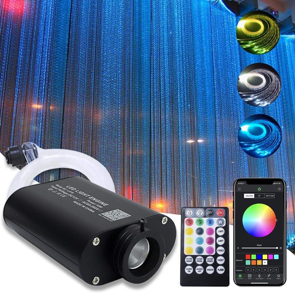 AMKI 16W RGBW Fiber Optic Curtain Light Kit + 28Key Remote,Flash Point Waterfall Curtain Lights Kit with Sound Smart App Control 0.04in/1mm 6.5ft/2m 300strands Fiber Optic Cable for Home Window Decor