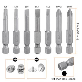 HARFINGTON 12pcs Screwdriver Bit Set SL3/4/5/6 PH1(6.0) PH2(6.0) T20/T25 S2 Steel 1/4" Hex Shank 2" Length Magnetic Slotted Phillips Torx Head Power Drill Bits