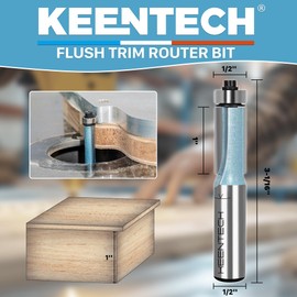 KEENTECH Router Bits 1/2" Shank, Flush Trim Router Bit, Bearing Carbide Tipped Pattern Bit, Template Straight Heavy Duty Woodworking Trimming Cutting Tool for Wood, 1/2" Diameter, 1" Depth