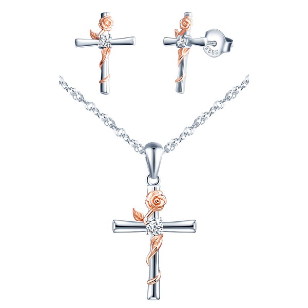 INFINIONLY Kreuz Halskette und Ohrringe für Damen und Mädchen, 925