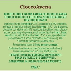 Mulino Bianco Cioccoavena Biscotti Senza Zuccheri Aggiunti con Farina di Fiocchi d'Avena, Cioccolato e Maltitolo, Fonte di Fibre, Biscotti Senza Zucchero, Mulino Armonia, Confezione 270g