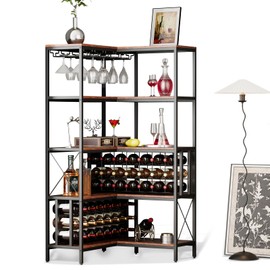 IRCPEN Large Corner Wine Rack 5 Tier L Shaped Industrial Freestanding Floor Bar Cabinets, Liquor Storage Shelf with Hanging Wine Glass Holder and Fences, for Living Room, Home Bar and Dining Room