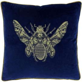 Riva Paoletti Cerana Cushion Cover Royal Blue Super Soft Velvet Fabric Embroidered Bee Design Gold Piped Edges 100% Polyester 50 x 50cm (20" x 20" inches)