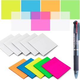 Bloc de notas adhesivas transparentes, 500 hojas de notas adhesivas transparentes, impermeables, autoadhesivas, coloridas, translúcidas, con un bolígrafo de 3 colores para anotaciones de libros