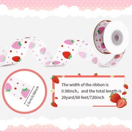 Pastel Red and Pink Strawberries with Polka Dot on White Background Grosgrain Ribbon, 1 inch x 20 Yards Fruits Ribbon for Spring and Summer Wreaths, Crafts, Trims, Hair Bow Making, Gift Wrapping