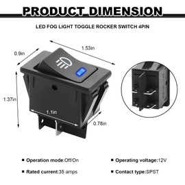 ZNDAW Fog Light Toggle Rocker Switch, 12V 35A 4 Pin SPST ON Off LED Fog Light Rocker Switches, Universal Automotive Rear Front Fog Lamp Toggle Switch for Cars Trucks RVs Boats (Blue)