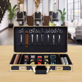 Barber Case Clipper Bag Carrying Case, Portable Professional Stylist Tool Box Salon Hair Cutting Grooming Kit Storage Organizer, for Scissors, Clippers (Black+Gold)