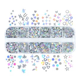 12Grids Nail Holographic Sequin 3D Star Butterfly Nail Art Silver Sticker Confetti Flakes Set for Acrylic Nails