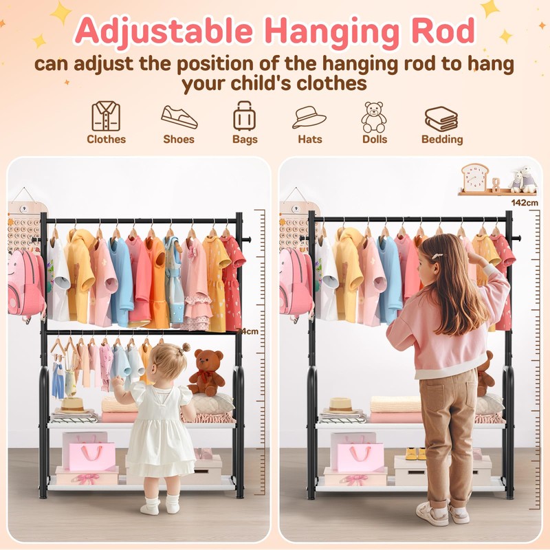 ZHKINGGS Kids Clothing Rack with 2-Layer Storage Shelf and 2