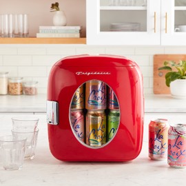 Frigidaire Retro Mini Personal Fridge Cooler, Holds 9L or 12 Cans, Portable for Car, Office, Bedroom, Dorm Room, or Cabin, Features Plugs for Home Outlet & 12V Car Charger - 10"D x 7"W x 10.5"H, Red