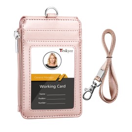 Teskyer Card Holder, Name Holder, Five Pockets, PU Leather, Coin Purse, Coin Case, Zipper, Neck Strap, ID Card Holder, Pass Case, Employee ID Card Holder, Commuter Holder, Vertical (Rose Gold)