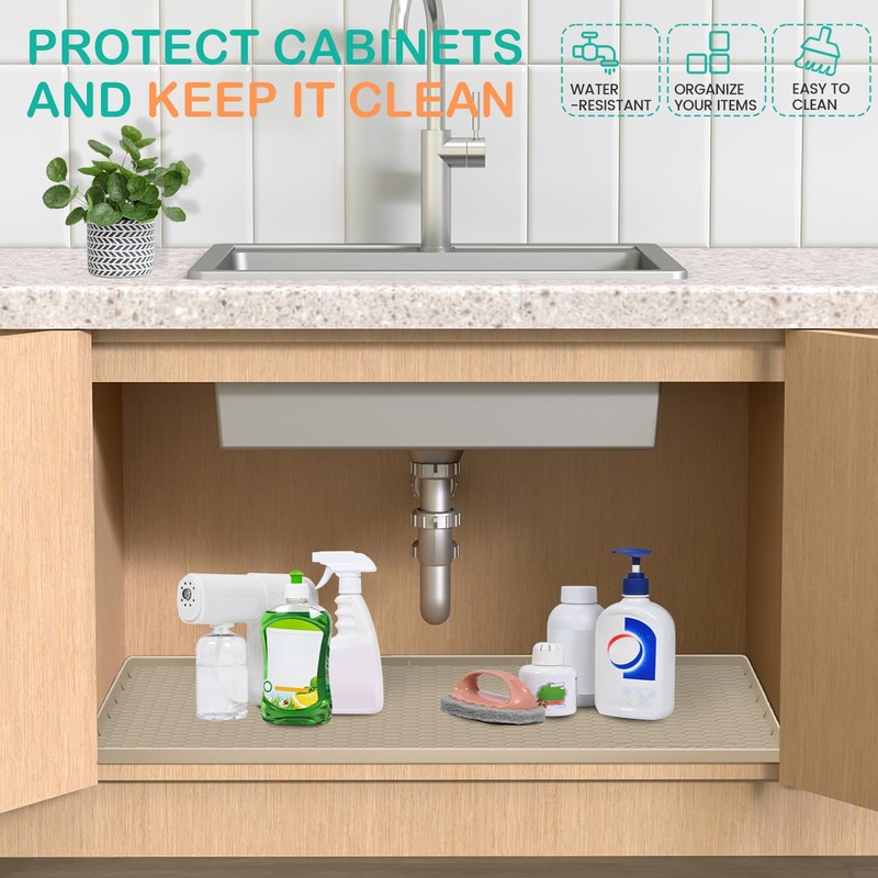 FORWOS Waterproof Under Sink Mat 28" x 19", Silicone Cabinet
