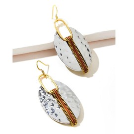 DIAMANTIO Statement Boho Hammered Metal Oval Dangle Earrings 18K Gold Plated – Mixed Metal Drop Earrings with Gold, Silver & Copper Accents for Women