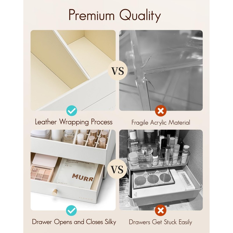 Vlando Makeup Organzier,Vanity Organizer with Drawers, PU Leather Skincare Organizer
