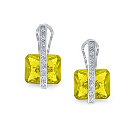 Art Deco Style Square Gemstone Cubic Zirconia AAA Rectangle Simulated Green Peridot Emerald Cut CZ Drop Earrings For Women Silver Plated Omega Back August Birthstone