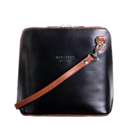 LeahWard® ITALY GENUINE LEATHER CROSS BODY SHOULDER BAGS 011 (BLACK/TAN H16cm x W18cm x D8cm)