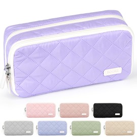 Sooez Large Pencil Case Pouch, Extra Big Pencil Bag with 8 Compartments, Pen Bag Wide Opening, Soft Quilted Pencil Pouch Organizer with Zipper, Portable Pencil Case for Teen Girls, Purple