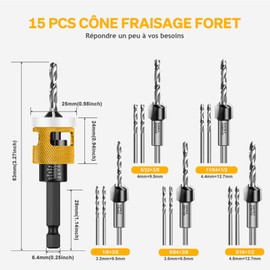 Mtchavno Countersink Drill Bit Set, 15 Pieces, Countersink Wood Drill Bit with Depth Stop, Drill Countersink with 1/4 Inch Hex Shank, Made of HSS-M2, Precise Drills, for Wood Processing