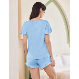 Ekouaer Women's Shorts Pajama Set Short Sleeve Pj Sets 2 Piece Casual Pjs Clear Blue Ruffle Tops and Shorts Sleepwear S
