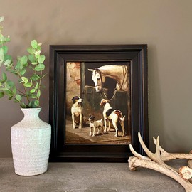 Schooner Bay Co.- Dog and Horse at Stable 8" x 10” Oil Painting Print on Canvas Rustic Distressed Black Frame Home Wall Art Décor Horse Farmhouse Ready To Hang