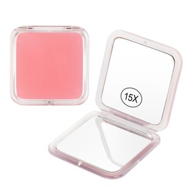 YoHumk 15x Magnifying Compact Mirror for Purses and Travel - Handheld 2 Sided 15x/1x Makeup Mirror - Slim Pocket Mirror, Portable & Foldable Square 3.3” x 3.3” (Pink)
