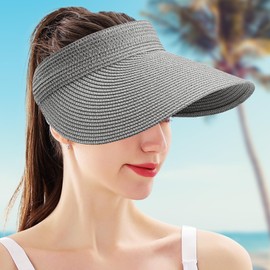 MK MATT KEELY Sun Hats for Women Adjustable Straw Beach Visor Hats Ladies Packable Large Brim Ponytail Hat,Grey