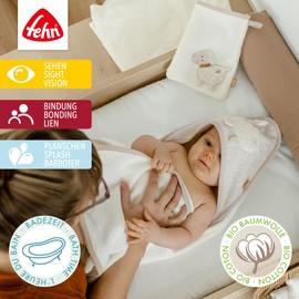 Fehn Bade-Set Schaf Natur – Bade-Set Handtuch & Waschlappen mit Bio-Baumwolle (KBA) – mit Tiermotiv für fröhlichen Badespaß – für Babys und Kleinkinder ab 0+ Monaten