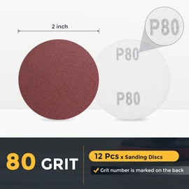 HARFINGTON 12 Pcs 2 Inch Sanding Discs, 80 Grit Hook and Loop Sandpaper, No-Hole Aluminum Oxide Orbital Sander Sandpaper for Woodworking Automotive Metal Polishing, Red